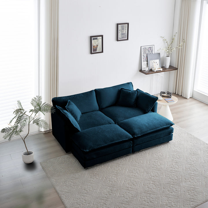 4 - Piece Upholstered Sectional Sofa, 1 - Piece of 2 Seater Sofa and 2- Piece of Ottomans , 2 Seater Loveseat Lounge with Ottomans , Blue Chenille