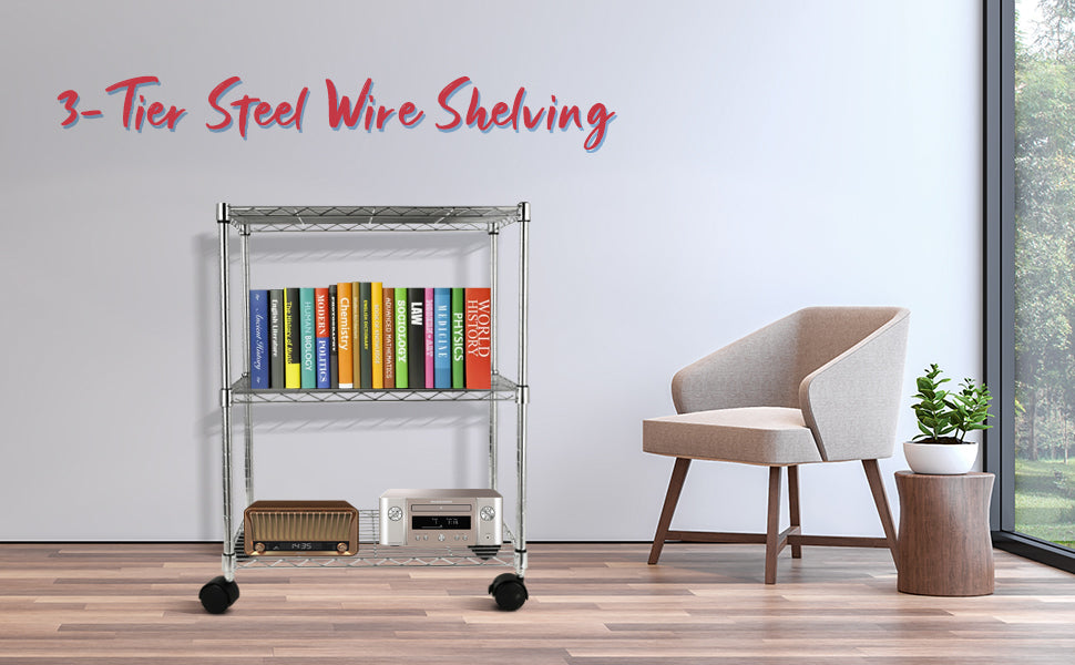 Simple Deluxe 3-Shelf Shelving with Wheels Steel Organizer 23"Wx13"Dx30"H Chrome