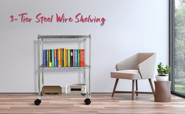 Simple Deluxe 3-Shelf Shelving with Wheels Steel Organizer 23"Wx13"Dx30"H Chrome