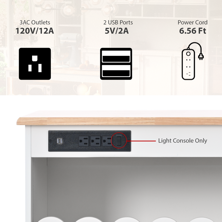 Kitchen Island with Drop Leaf, LED Light Kitchen Cart on Wheels with Power Outlets, 2 Sliding Fluted Glass Doors, Large Kitchen Island Cart with 2 Cabinet and 1 open Shelf (White)