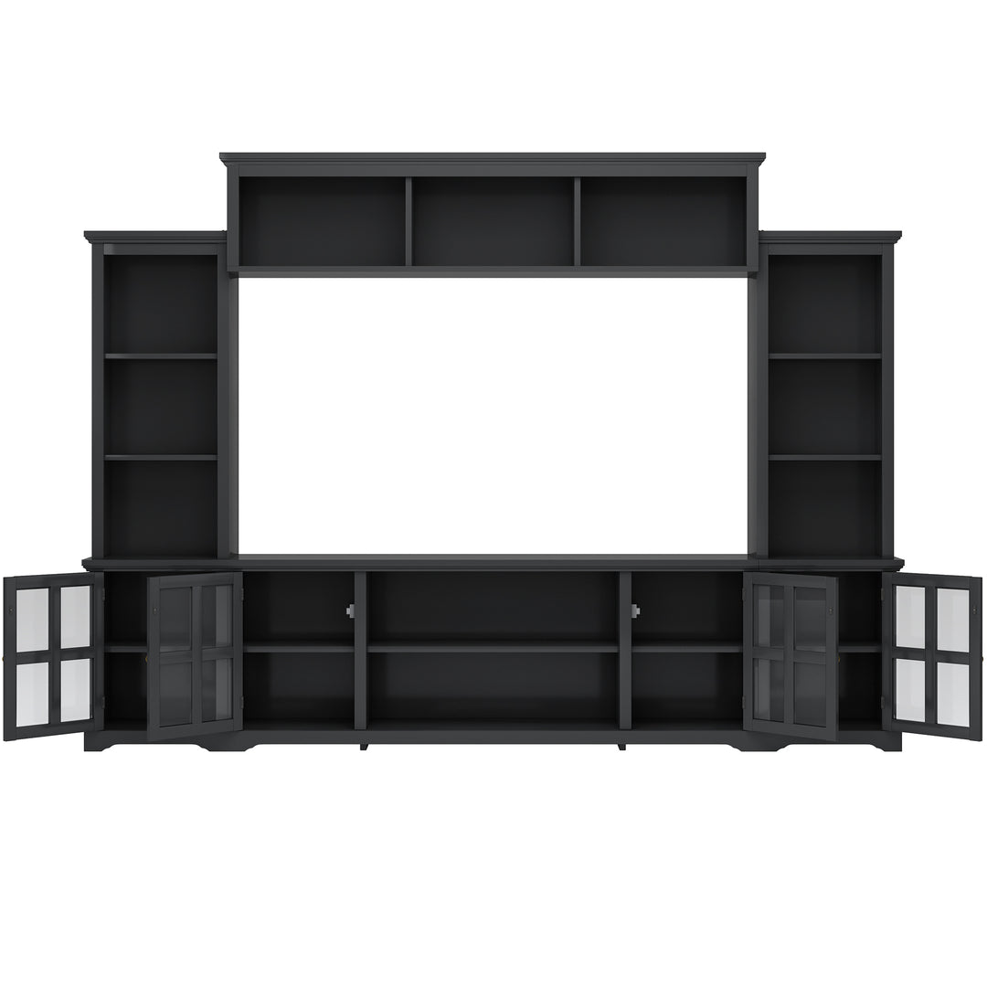 [VIDEO provided] ON-TREND Minimalism Entertainment Wall Unit with Bridge, Modern TV Console Table for TVs Up to 70", Multifunctional TV Stand with Tempered Glass Door, Black (Old SKU: SD000009AAB)