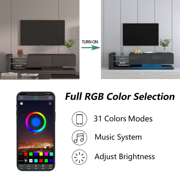 TV Console with Storage Cabinets, Full RGB Color 31 Modes Changing Lights Remote RGB LED TV Stand, Modern Entertainment Center (Black, for 75 inches TV)