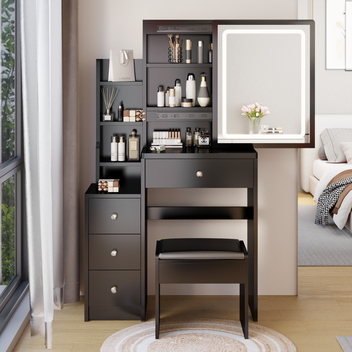 Left Bedside Cabinet Vanity Table + Cushioned Stool, Extra Large Sliding LED Mirror, Touch Control, Tri-color, Brightness Adjustable, Multi-Layer, High Capacity Storage, Practical Fashionable Dresser