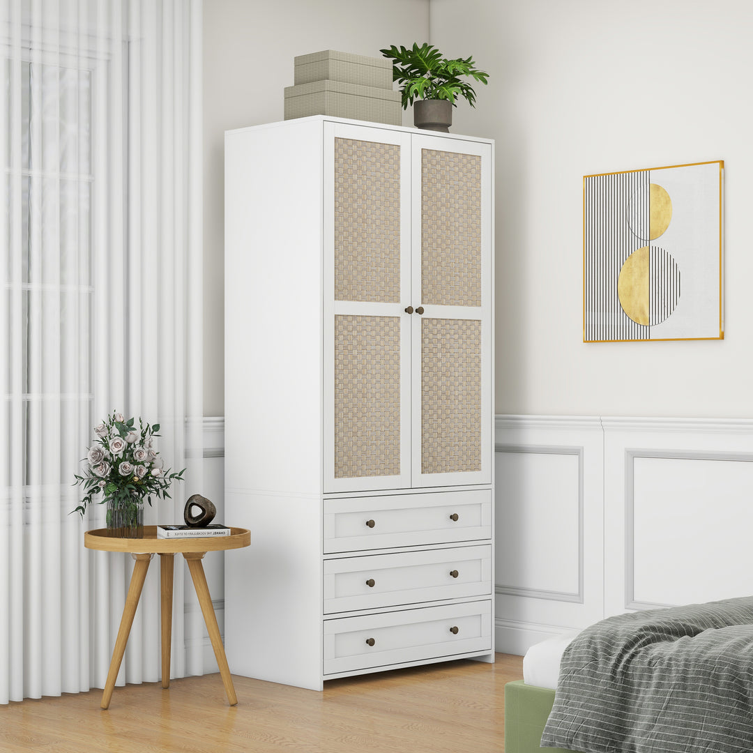 2-Door Wardrobe with 3 Drawers High Wardrobe  Armoire With 2 Rattan Door For Living Room, Bedroom Organizer