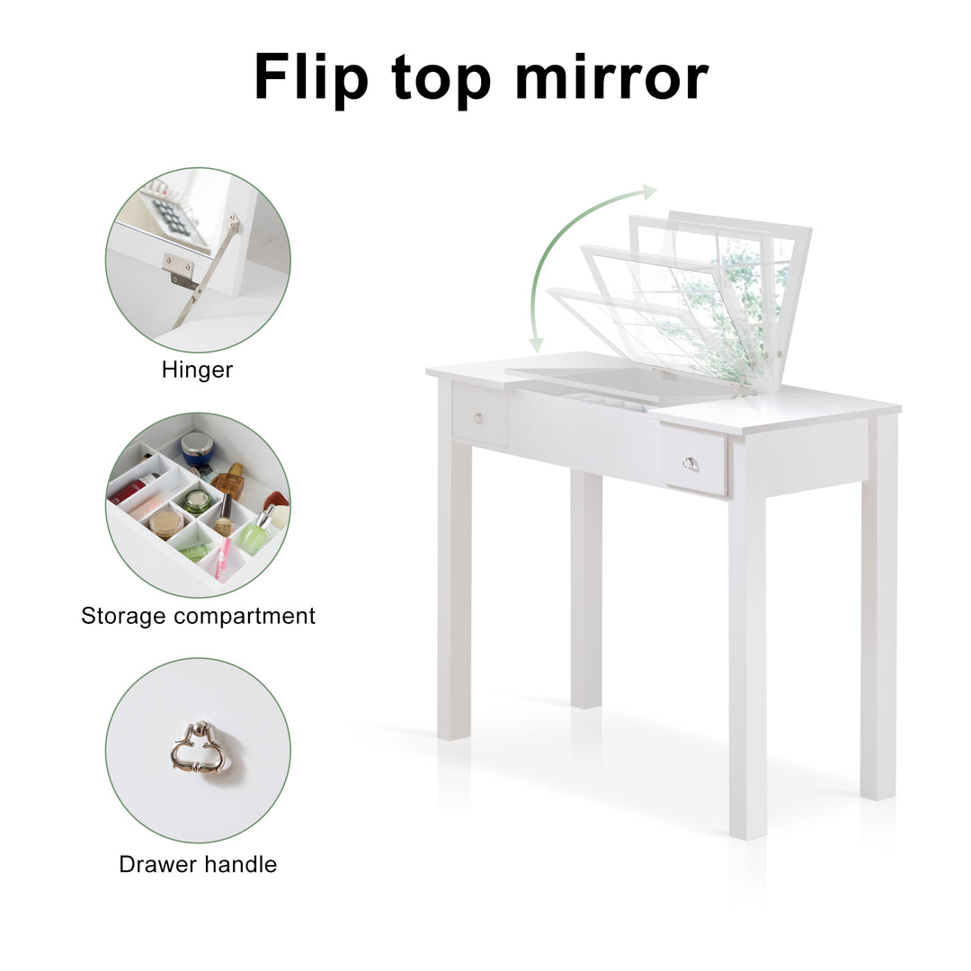 Accent White Vanity Table Set with Upholstered Stool and Flip-Top Mirror and 2 Drawers, Jewelry Storage for Women Dressing