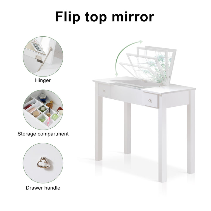 Accent White Vanity Table Set with Upholstered Stool and Flip-Top Mirror and 2 Drawers, Jewelry Storage for Women Dressing