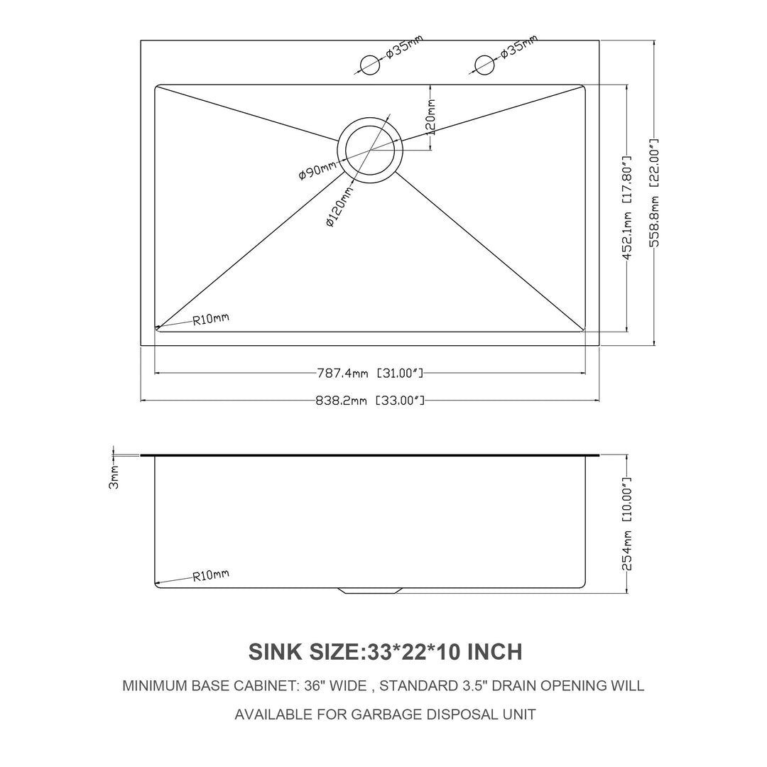 33x22 inch Kitchen Sink Drop In 16 Gauge Stainless Steel 33" Single Bowl Topmount Kitchen Sink Basin