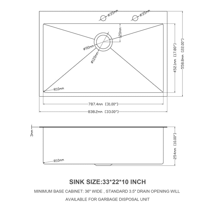 33x22 inch Kitchen Sink Drop In 16 Gauge Stainless Steel 33" Single Bowl Topmount Kitchen Sink Basin