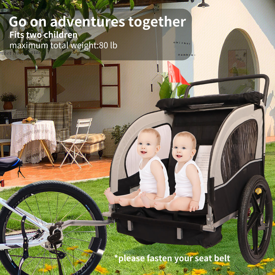 2-in-1 Double 2 Seat Bicycle Bike Trailer Jogger Stroller for Kids Children Foldable Collapsible w/Pivot Front Wheel