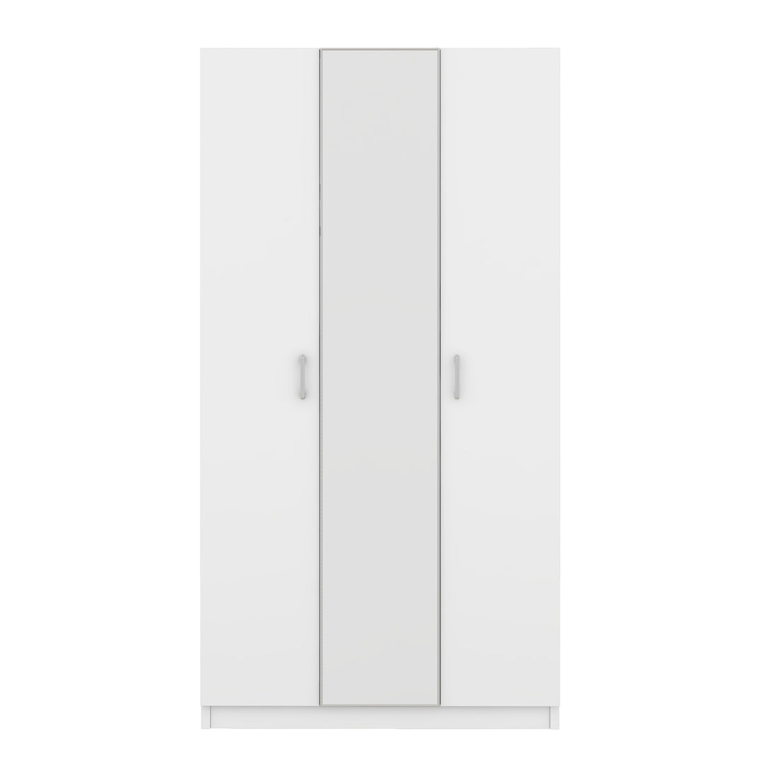 3 Door Wardrobe with Mirror, Armoire with Hanging Rod and 3 Fixed Shelves,White