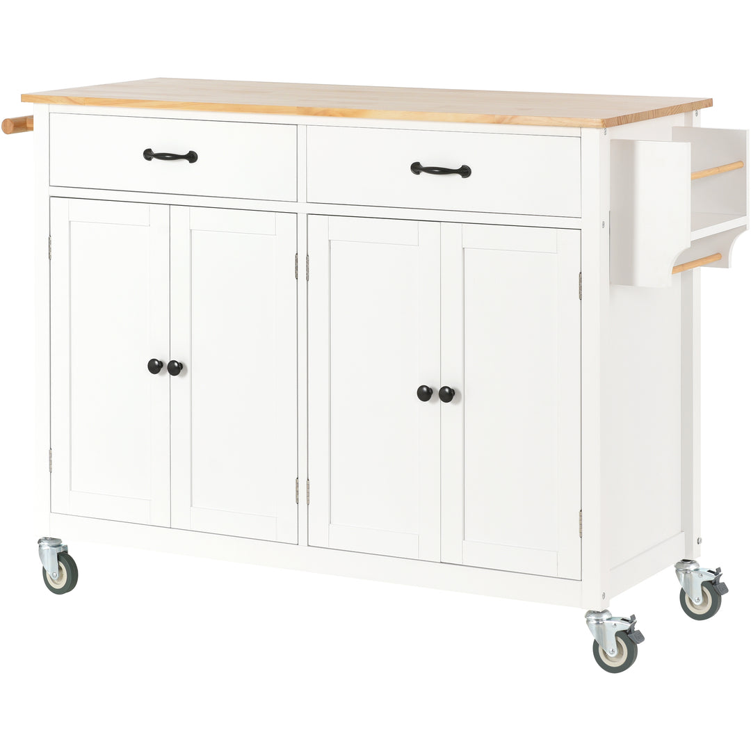 Kitchen Island Cart with Solid Wood Top and Locking Wheels,54.3 Inch Width,4 Door Cabinet and Two Drawers,Spice Rack, Towel Rack (White)