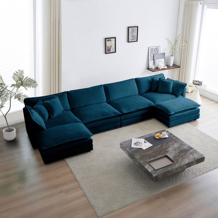 Comfort U Shaped Couch with Reversible Chaise, Modular Large U-Shape Sectional Sofa, Double Extra Ottomans,Blue Chenille