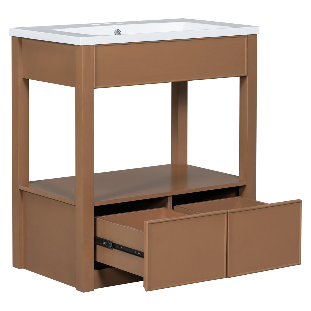 30" Bathroom Vanity with Sink Top, Bathroom Cabinet with Open Storage Shelf and Two Drawers, Brown