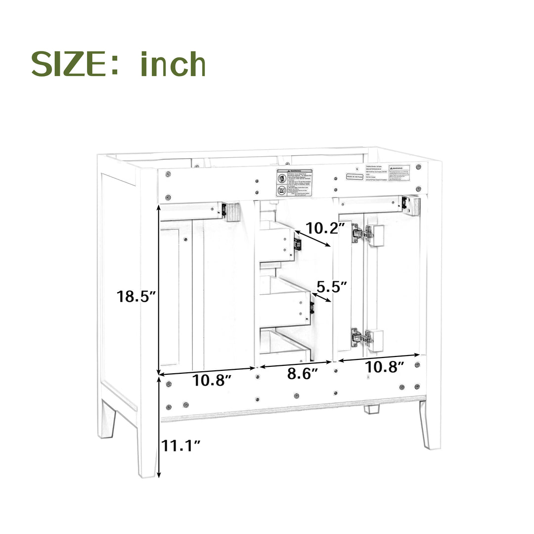 36" Bathroom Vanity without Sink, Cabinet Base Only, Two Cabinets and Five Drawers, Solid Wood Frame, Grey