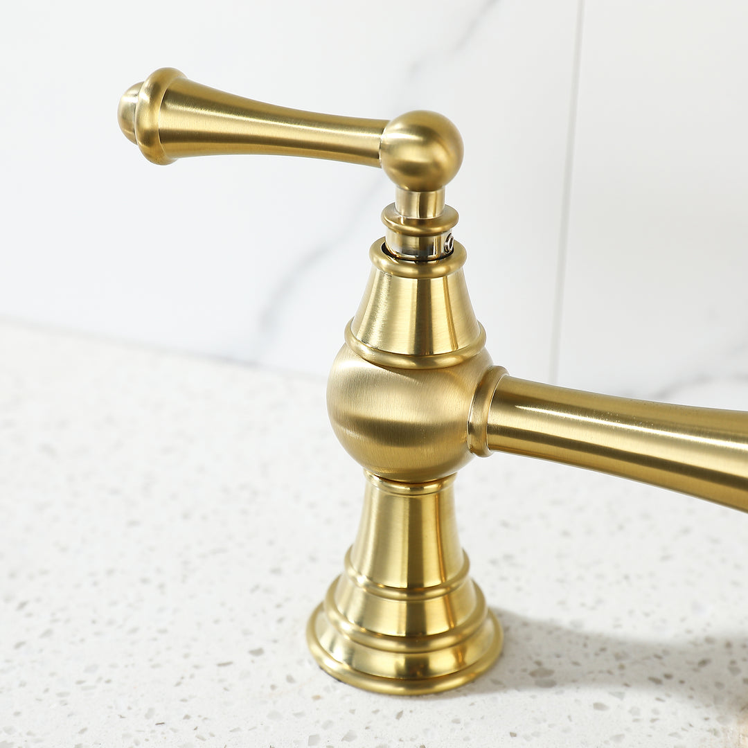 8 inch Centerset Bridge Kitchen Faucet with Brass Side Sprayer 2 Handles 4 Holes Antique Classic Heritage Deck-Mount Kitchen Sink Faucet