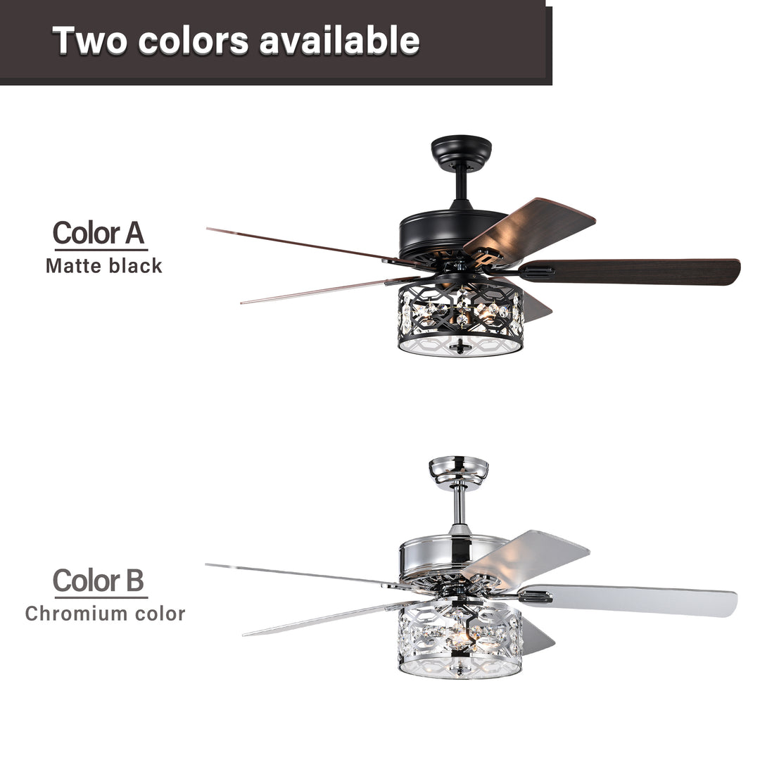 52 Inch Crystal Chandelier Fan with Lights and Remote Control, Modern Ceiling Fan with Dual Finish Reversible Blades, Fandelier for Living Room, Dining Room, Bedroom, Family Room, Matte Black