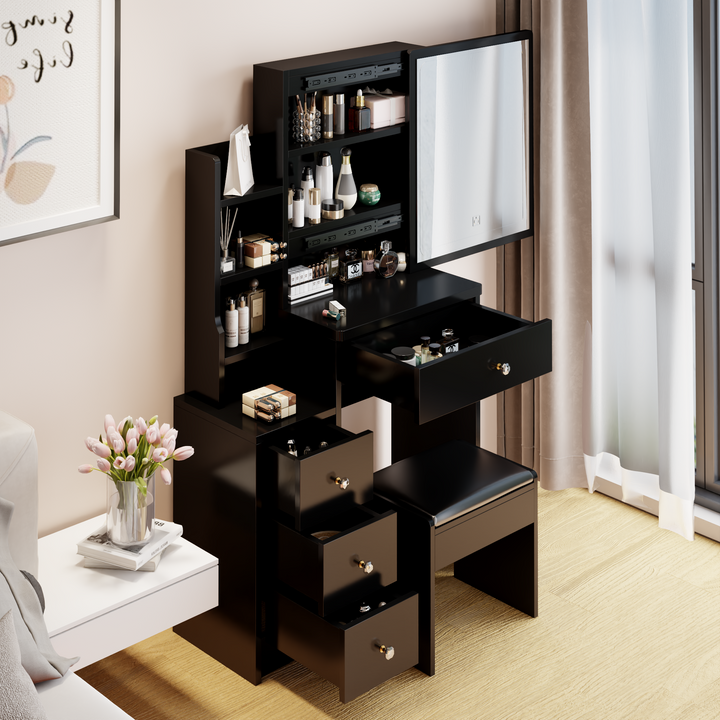 Left Bedside Cabinet Vanity Table + Cushioned Stool, Extra large Sliding mirror, Multi Layer High Capacity Storage, Left Bedside Cabinet, Practical Fashionable Dresser, Modern Makeup Furniture