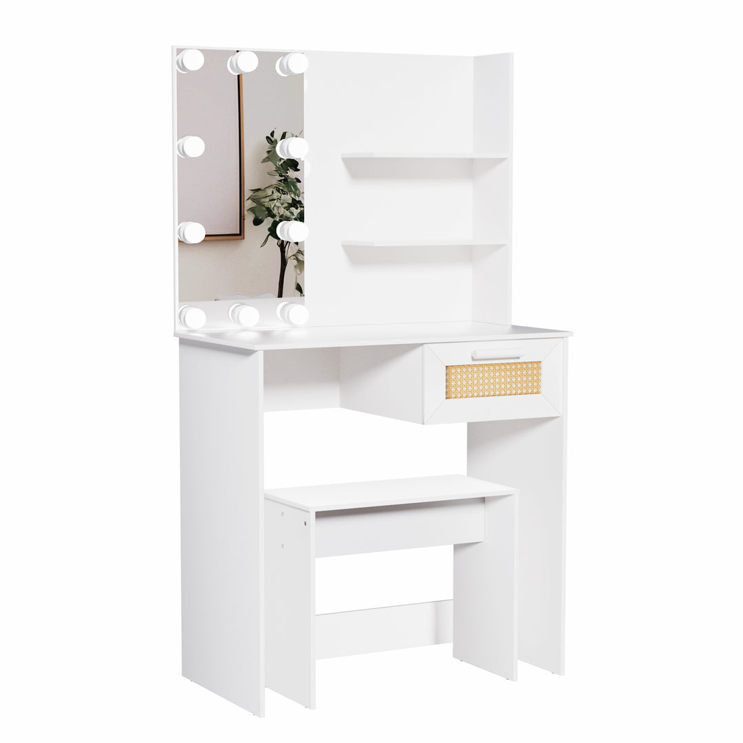 Vanity Desk Set Stool & Dressing Table with LED Lighting Mirror Drawer and Compartments Modern Wood Cosmetic Table Chest of Drawers White Color