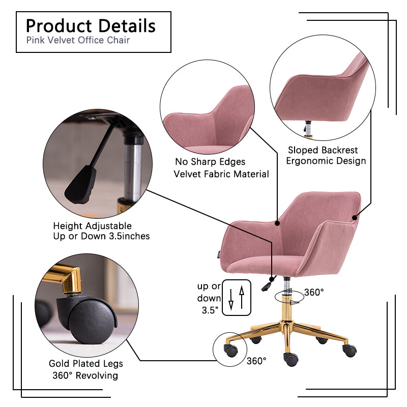 Modern Velvet Fabric Material Adjustable Height 360 revolving Home Office Chair with Gold Metal Legs and Universal Wheels for Indoor,Pink