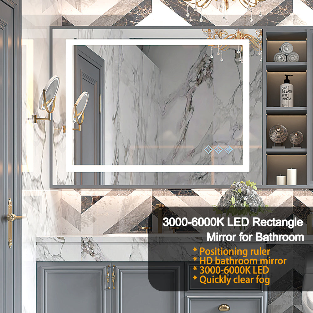 32x24inch Glossy Brushed Silver 3000-6000K LED Bathroom Mirror With Lights,Anti-Fog Dimmable Lighted Wall Mounted Vanity Mirror Master Bath Modern Makeup(Only mirrors, not cabinets)Horizontal&Vertical