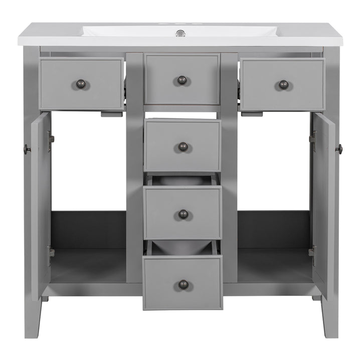 36" Bathroom Vanity with Ceramic Basin, Two Cabinets and Five Drawers, Solid Wood Frame, Grey (OLD SKU: SY999202AAE)