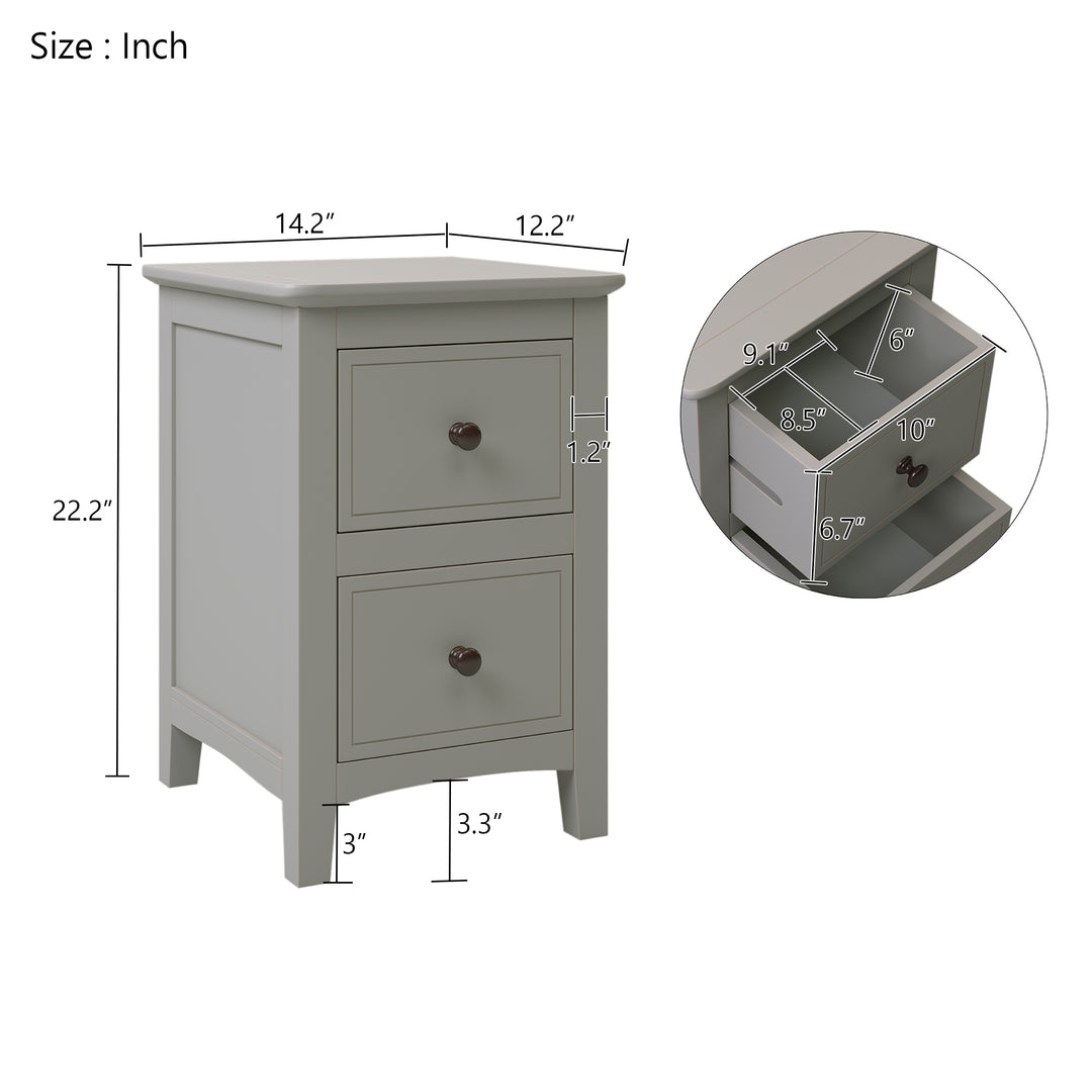 2 Drawers Solid Wood Nightstand End Table, Gray