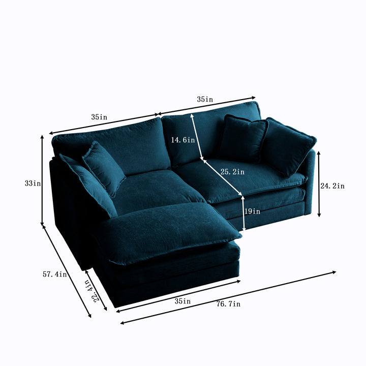 Chenille Two-Seater Sofa with 1 Footrest, 2 Seater L-Shaped Sectional with Ottoman,Loveseat with Ottoman for Small Living Space,Blue Chenille