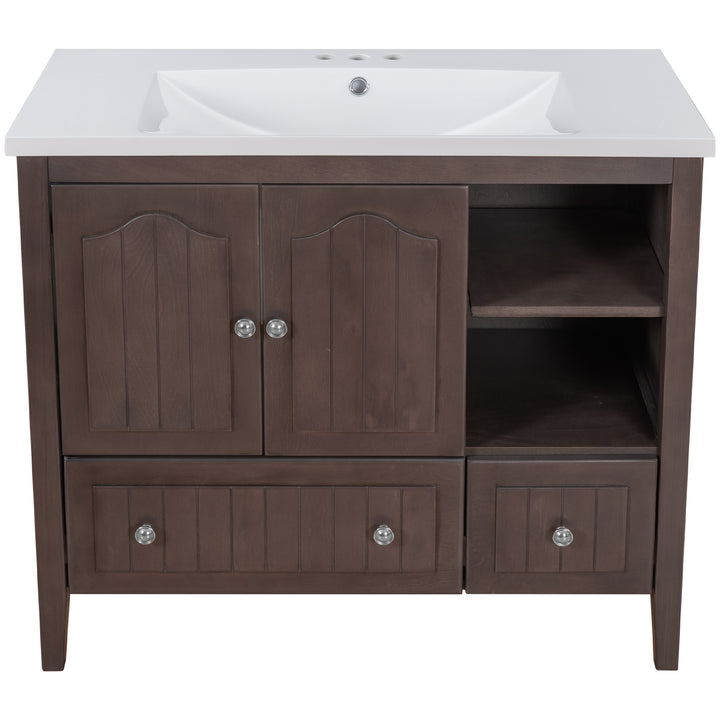 [VIDEO] 36" Bathroom Vanity with Ceramic Basin, Bathroom Storage Cabinet with Two Doors and Drawers, Solid Frame, Metal Handles, Brown (OLD SKU: JL000003AAD)