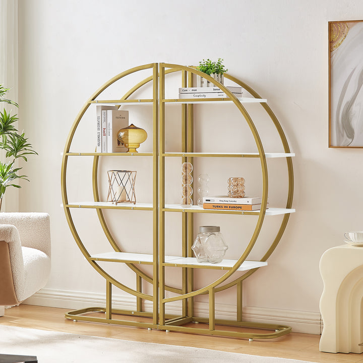 4 Tiers Home Office Open Bookshelf, Round Shape, Different Placement Ways, MDF Board, Gold Metal Frame, White