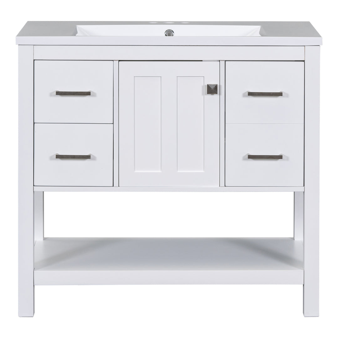 36" White Modern Bathroom Vanity with USB,Two Shallow Drawers, One Deep Drawer,One door,Single Resin Sink,Small Bathroom Organization Cabinet