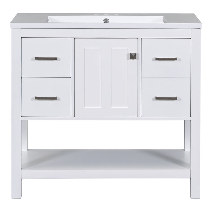 36" White Modern Bathroom Vanity with USB,Two Shallow Drawers, One Deep Drawer,One door,Single Resin Sink,Small Bathroom Organization Cabinet