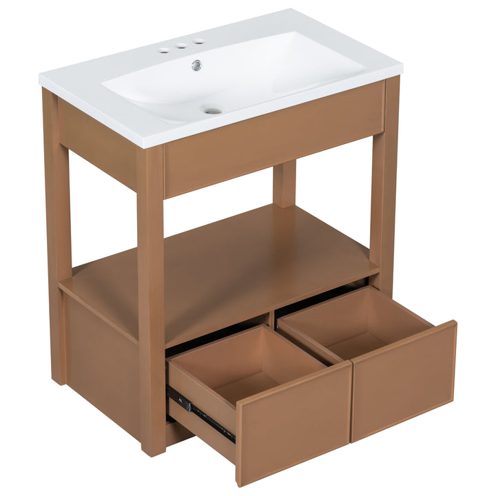 30" Bathroom Vanity with Sink Top, Bathroom Cabinet with Open Storage Shelf and Two Drawers, Brown