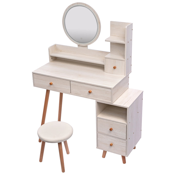 CRAZY ELF Stylish Vanity Table + Cushioned Stool, Touch Control LED Mirror, Large Capacity Storage Cabinet, 5 Drawers, Fashionable Makeup Furniture, Length Adjustable(L31.5"-43.2"x W15.8" x H48.1")