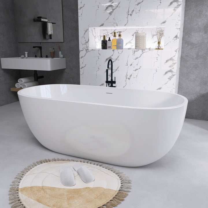 55" Acrylic Free Standing Tub - Classic Oval Shape Soaking Tub, Adjustable Freestanding Bathtub with Integrated Slotted Overflow and Chrome Pop-up Drain Anti-clogging Gloss White