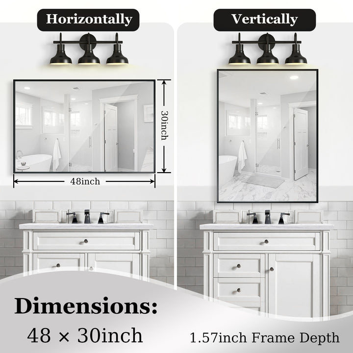 Glossy Black Bathroom Mirrors For Wall 48x30inch Wall Mounted Hanging Plates Mirror Farmhouse Mirror Modern Metal Framed Rectangular Mirror, Decorative Square Corner Mirror(Horizontal & Vertical)