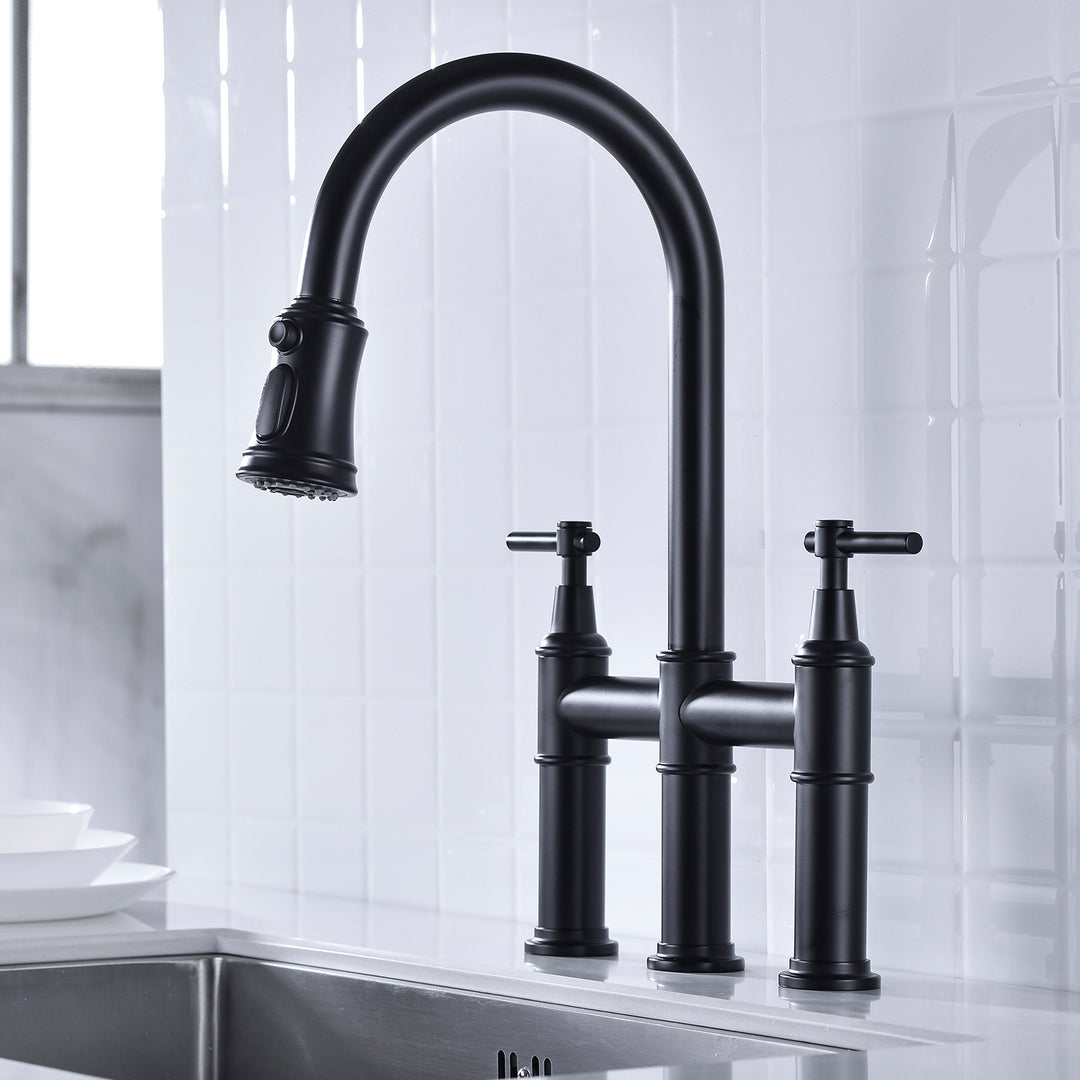 Bridge Kitchen Faucet with Pull-Down Sprayhead in Spot