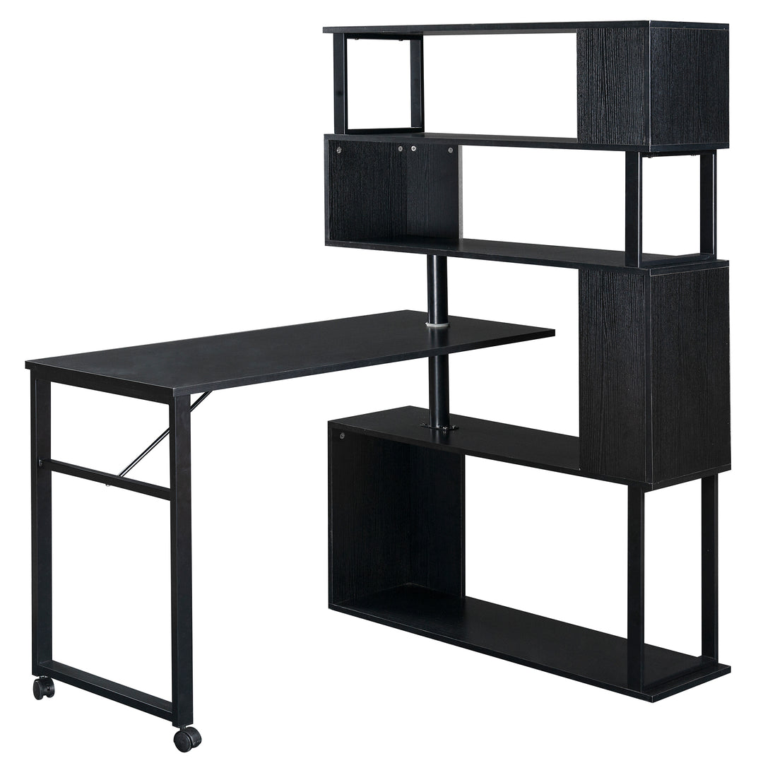 Home Office Computer Desk L-Shaped Corner Table, Rotating Computer Table with 5-Tier Bookshelf, Four Installation Methods, Lockable Casters (Black)