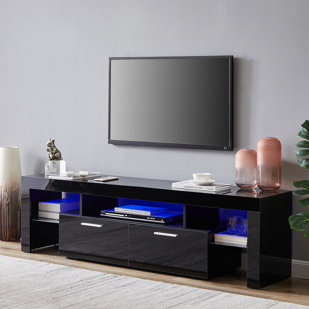 FashionTVstandTVcabinet,EntertainmentCenter,TVstationTV console,media console,with LEDlight belt,light belt remote control,toughenedglassshelf,metal handle,Canbeplaced in the living room,bedroom,black