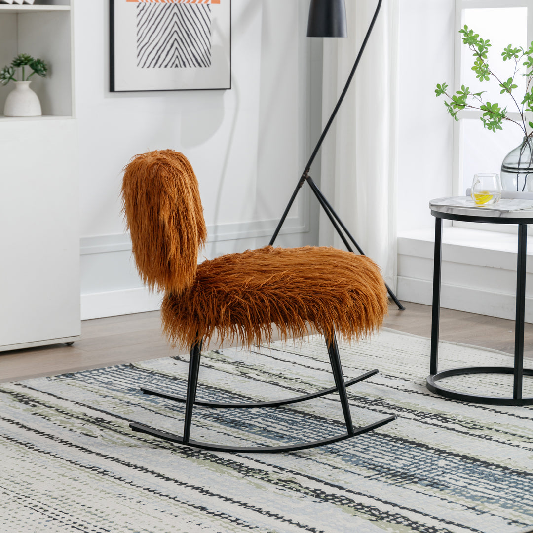 25.2'' Wide Faux Fur Plush Nursery Rocking Chair, Baby Nursing Chair with Metal Rocker, Fluffy Upholstered Glider Chair, Comfy Mid Century Modern Chair for Living Room, Bedroom (Caramel)