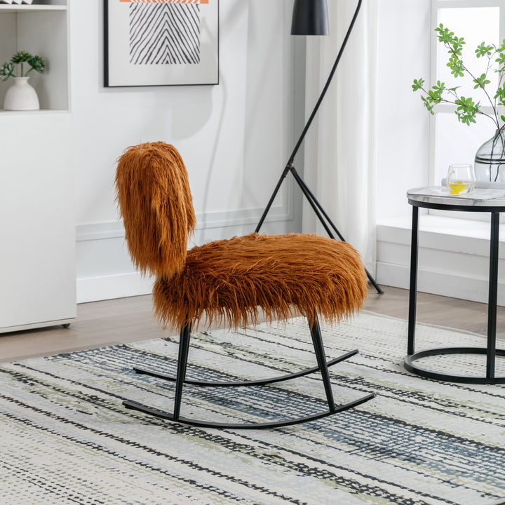 25.2'' Wide Faux Fur Plush Nursery Rocking Chair, Baby Nursing Chair with Metal Rocker, Fluffy Upholstered Glider Chair, Comfy Mid Century Modern Chair for Living Room, Bedroom (Caramel)