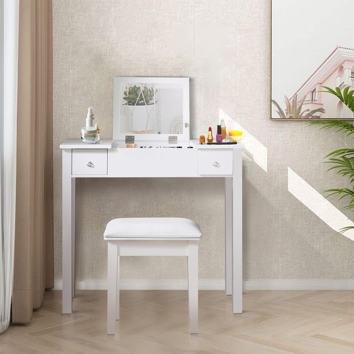 Accent White Vanity Table Set with Upholstered Stool and Flip-Top Mirror and 2 Drawers, Jewelry Storage for Women Dressing