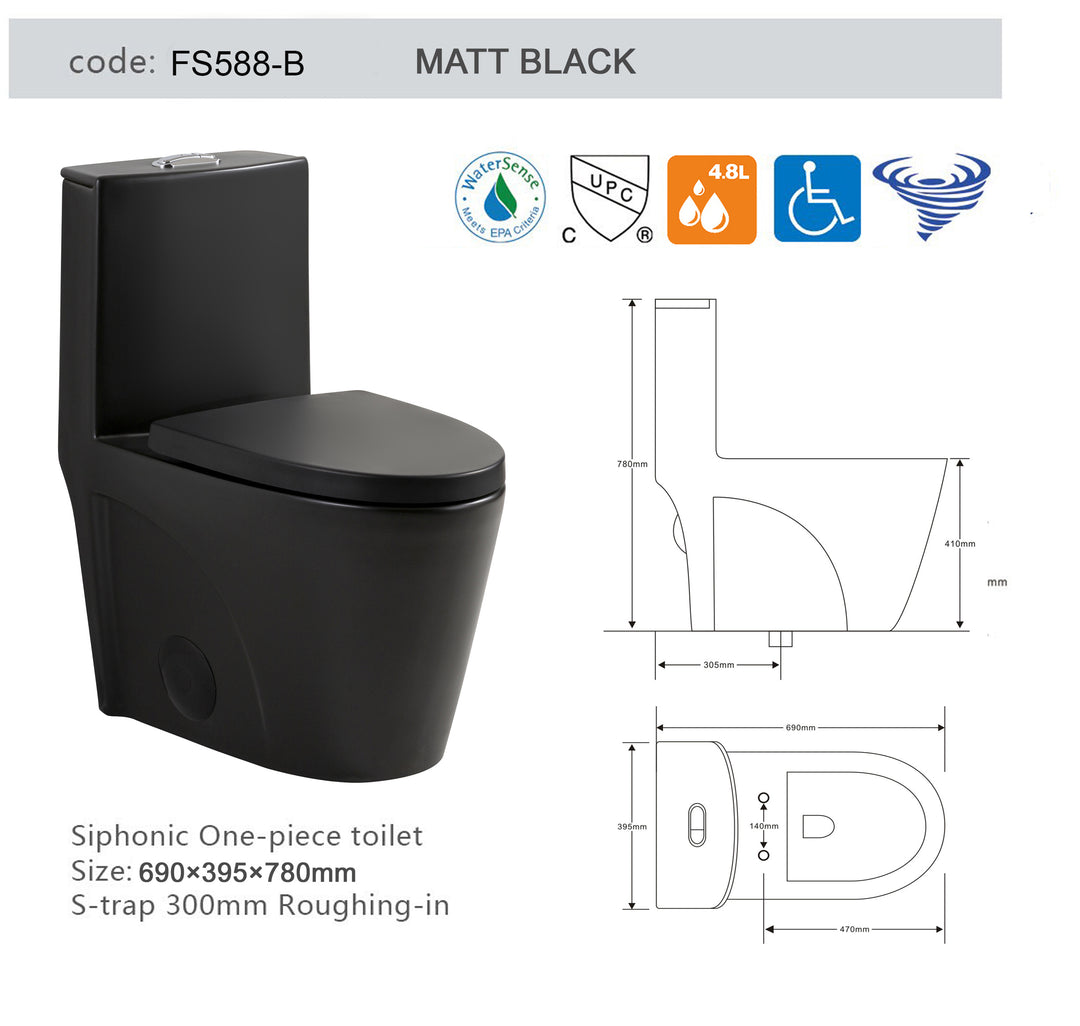 Dual Flush Elongated Standard One Piece Toilet with Comfortable Seat Height, Soft Close Seat Cover, High-Efficiency Supply,  black Toilet