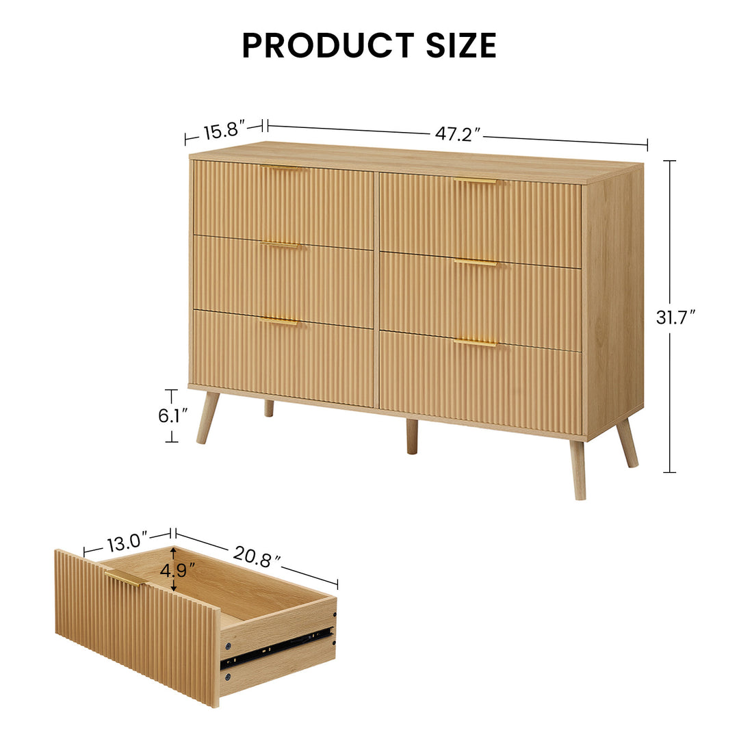 Bedroom Dresser, 6 Double Dressers with Wavy Drawers, Wooden Chest of Drawers for Children's Room, Living Room, Entrance and Hallway, Natural, 47.2''W x 15.8''D x 31.7''H.