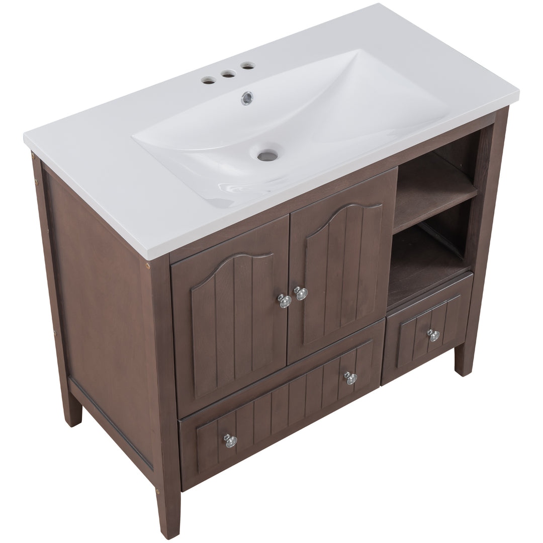 [VIDEO] 36" Bathroom Vanity with Ceramic Basin, Bathroom Storage Cabinet with Two Doors and Drawers, Solid Frame, Metal Handles, Brown (OLD SKU: JL000003AAD)