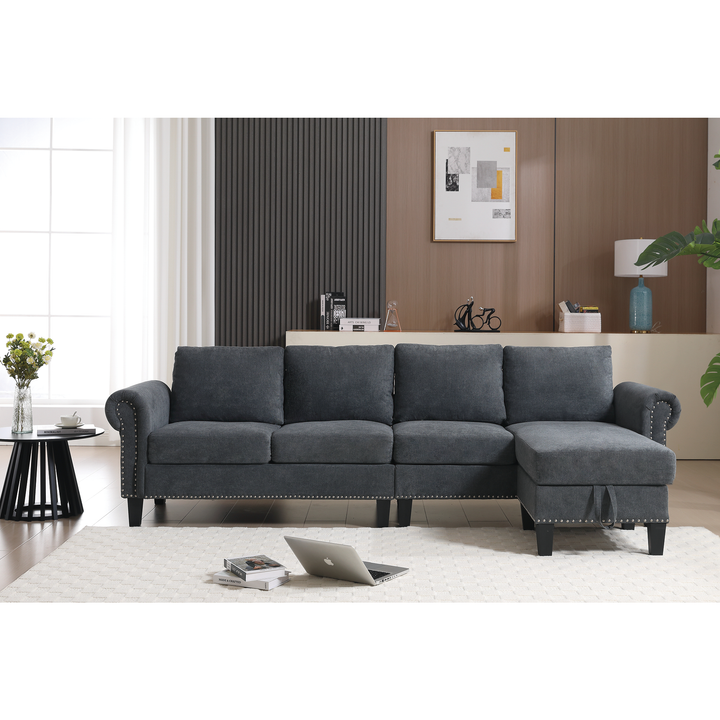 [NEW ARRIVED]   [VIDEO PROVIDED]Convertible Sectional Sofa with Storage,L-shaped sofa,Four-seater sofa,Modern Linen Fabric Sectional Couches for Living Room,Gray