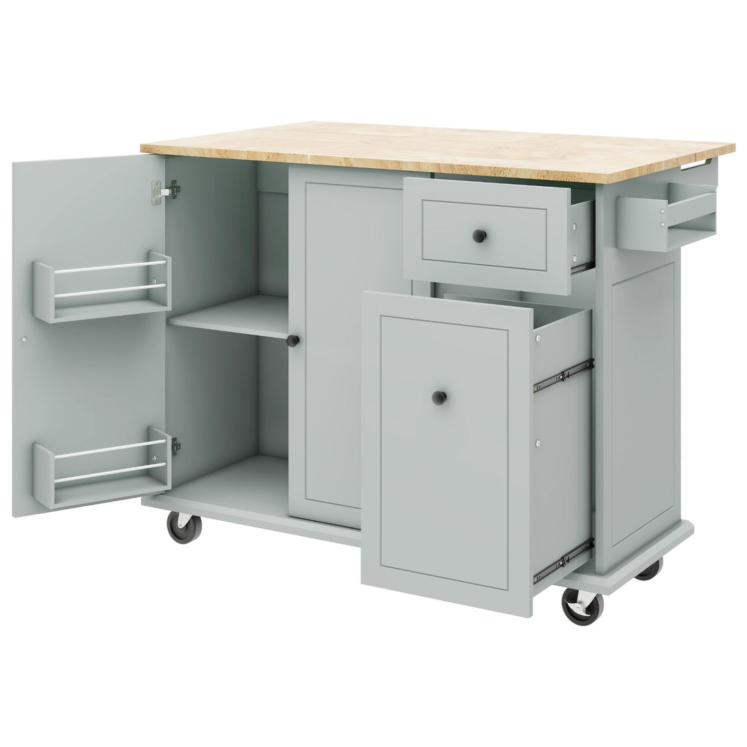 Kitchen Island with Drop Leaf, 53.9" Width Rolling Kitchen Cart on Wheels with Internal Storage Rack and 3 Tier Pull Out Cabinet Organizer, Kitchen Storage Cart with Spice Rack, Towel Rack (Grey Blue)