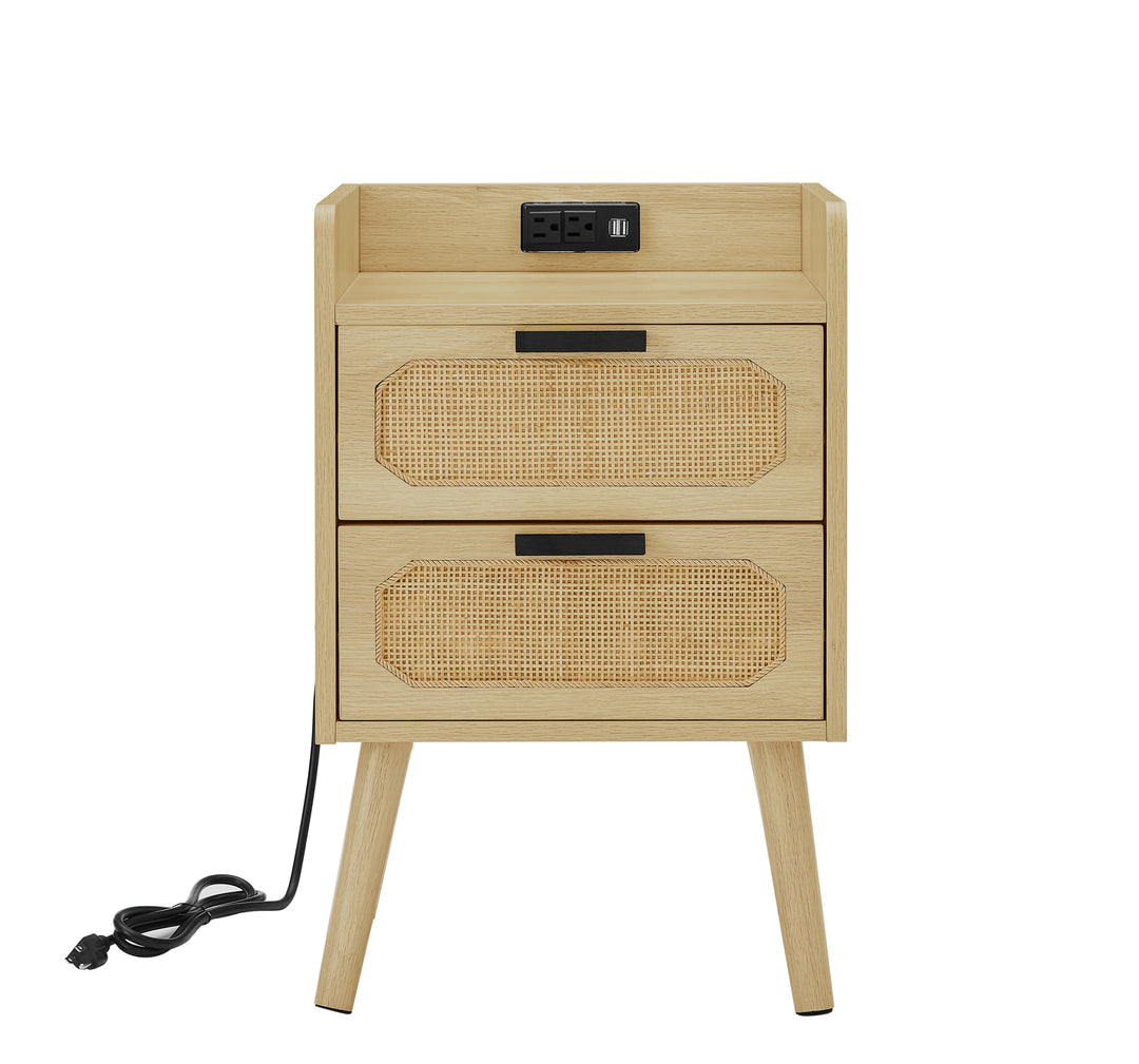 Rattan nightstand with socket side table natural handmade rattan（2PC,Natural ,15.55’’W*13.78’’D*23.82’’H）