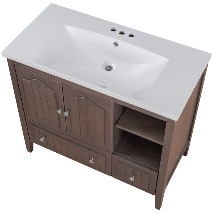 [VIDEO] 36" Bathroom Vanity with Ceramic Basin, Bathroom Storage Cabinet with Two Doors and Drawers, Solid Frame, Metal Handles, Brown (OLD SKU: JL000003AAD)