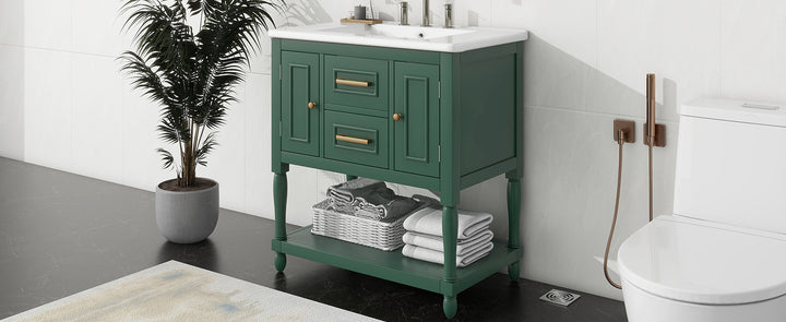 30" Bathroom Vanity with Sink Top, Bathroom Vanity Cabinet with Two Doors and Two Drawers, Solid Wood Frame, One Package, Green