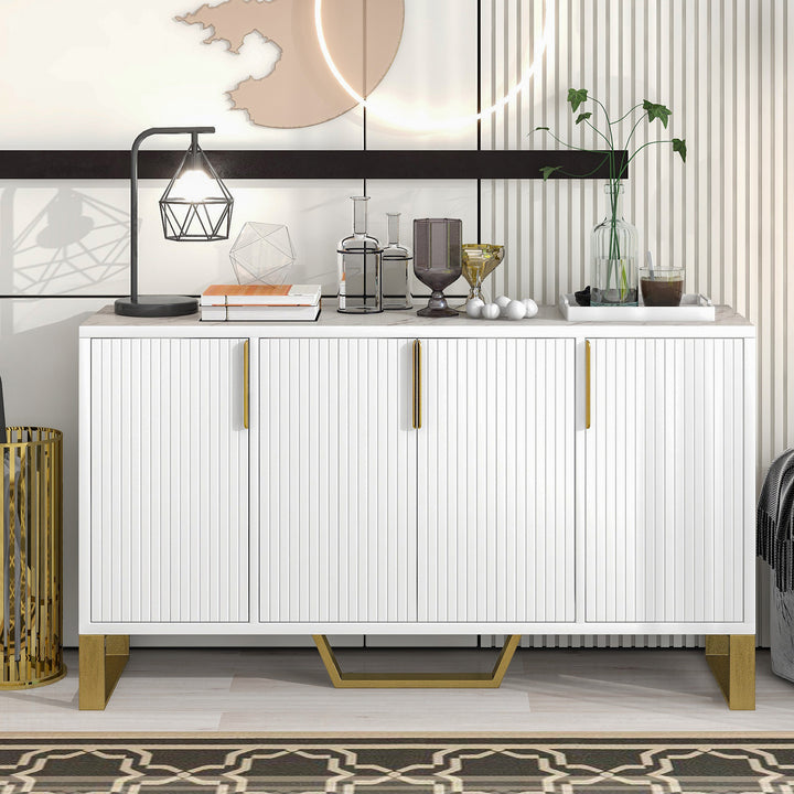 TREXM Modern sideboard with Four Doors, Metal handles & Legs and Adjustable Shelves Kitchen Cabinet (White)